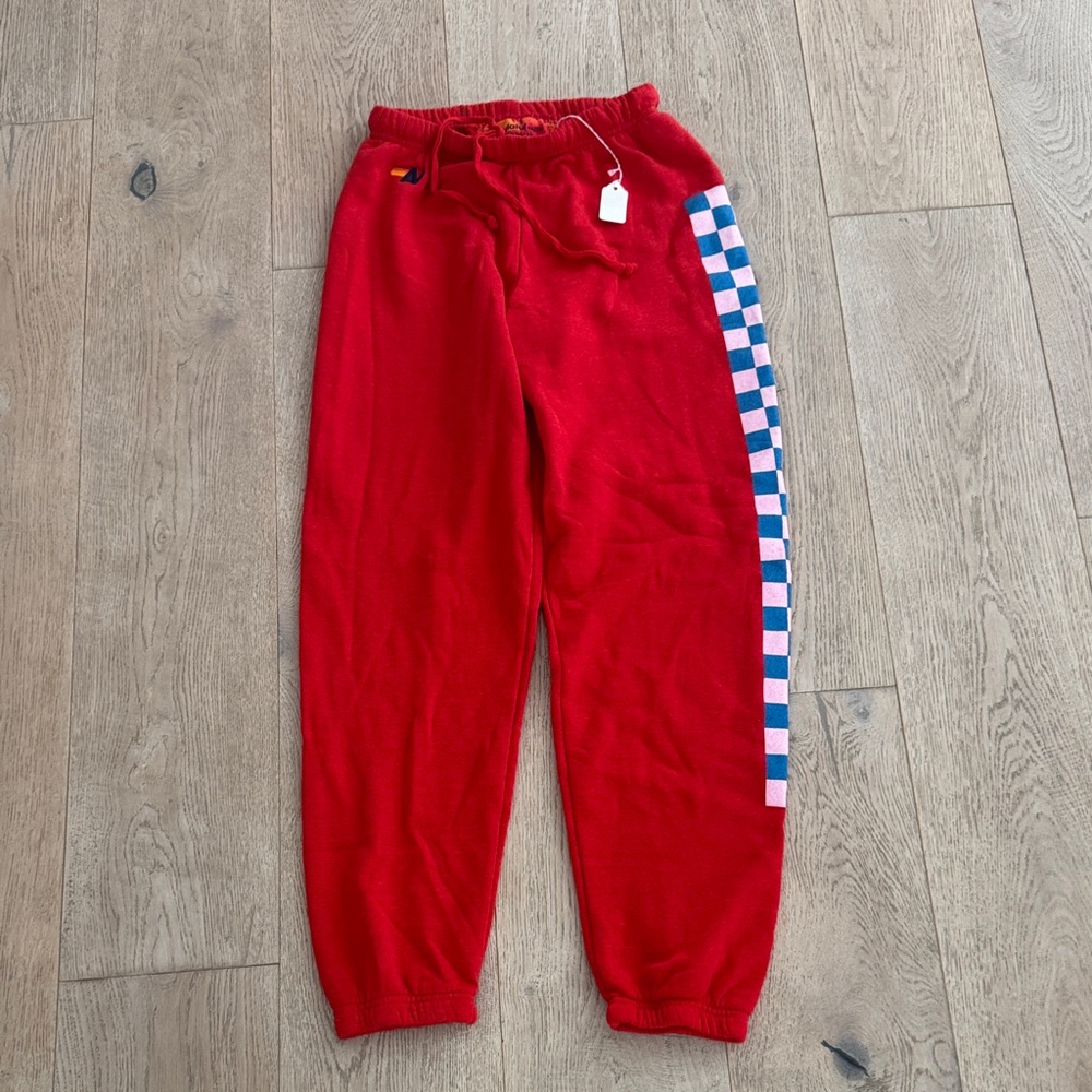 Red Aviator Nation Jogger Pants with Checkered Stripe. Size S.